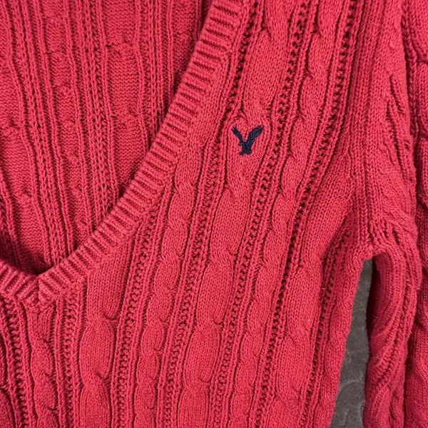 Y2K American Eagle V Neck Fitted Cable Knit Red Sweater Preppy Bella Swan Sz M - Image 5