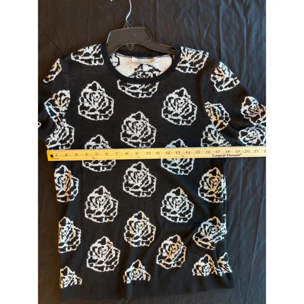LOFT Ann Taylor Black White Rose Floral Wool Blend Sweater Large 357789 - Image 3