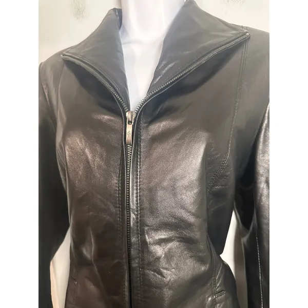 Cole Haan Womens Black Genuine‎ Lambskin Leather Wing Collar Zip Jacket Medium - Image 5