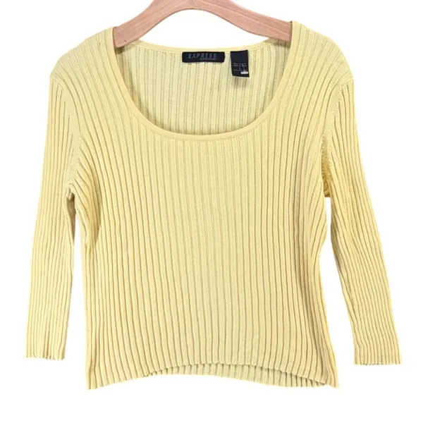 Vintage Y2K Express Ribbed Knit Sweater L Butter Yellow Fitted Stretch Mallcore - Image 2