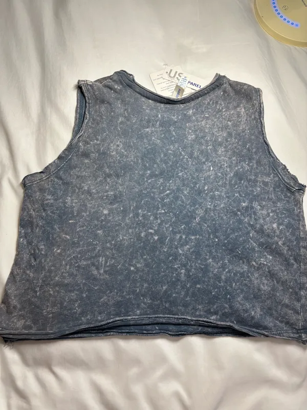 U.S. Apparel Grunge Smokey Blue Acid Wash Distress Cropped Muscle Tank Top XS - Image 6
