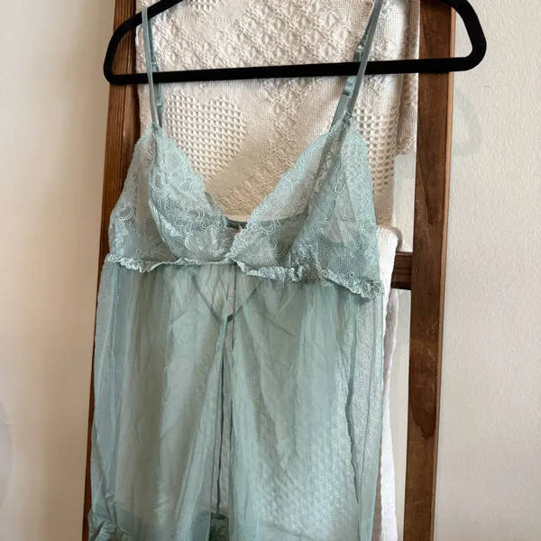 NWOT Victoria’s Secret Sage Green Lace & Mesh Open Front Slip Dress - Image 2