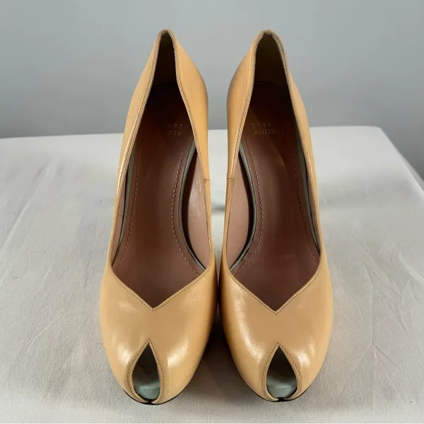 Stuart Weitzman Leather Peep Toe Stiletto‎ Heel Pump in Tan and Blue Size 8.5 - Image 3