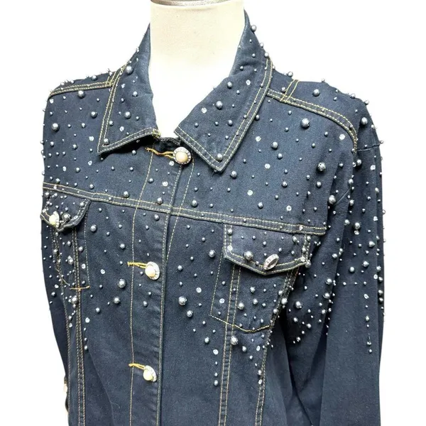 The Quacker Factory Rhinestone Pearl Studded Denim Jean Jacket Blue Large - Image 2