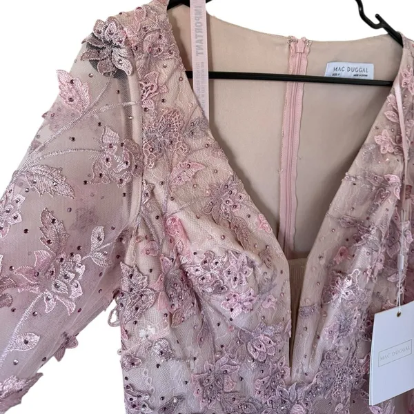 NEW Mac Duggal Pink Floral Applique Long Sleeve Illusion Homecoming Wedding Gown - Image 5