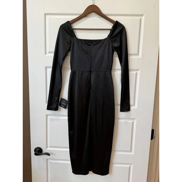 Lulus‎ Fabulous Encounters Black Satin Long Sleeve Midi Dress XS Party Cocktail - Image 5