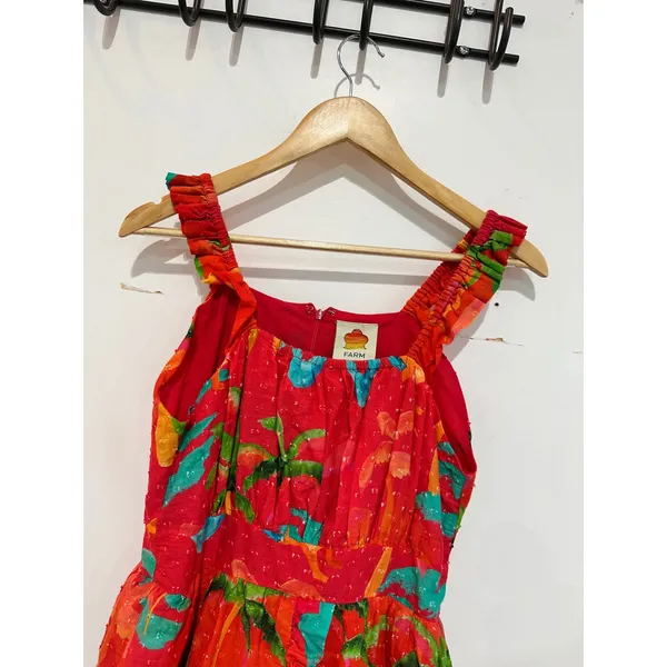 Farm Rio Ipanema Tropical Ruffled Midi Dress Red Palm Tree Cotton Small - Image 3