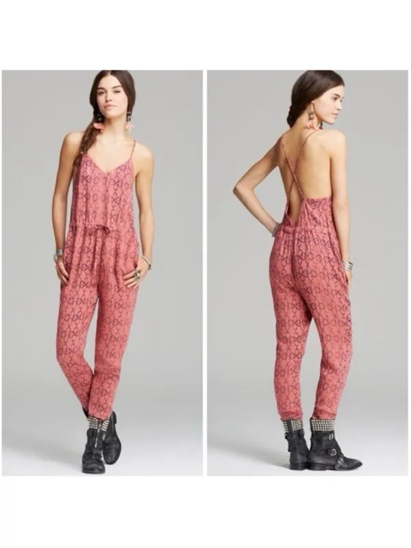 Free People Sunset Romper Tomato Combo Pink Printed Cami Jumpsuit Women's Medium - Image 2