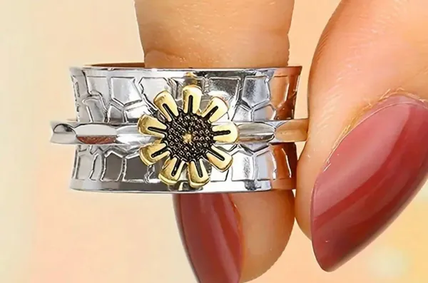 Boho Chic Retro Sunflower Ring for Ladies -Wide Band Size 7 - Image 2