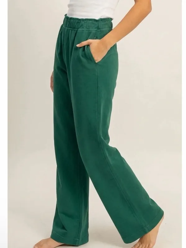 NEW Double Zero Pine Green 100% Cotton Wide Leg Flare Pants – Large - Image 3