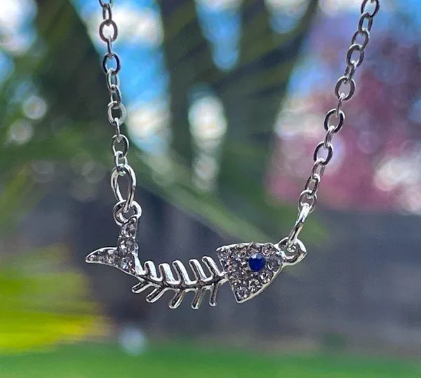 Mr Bones fishy necklace silver tone fish and blue eye rhinestone covered gift - Image 2