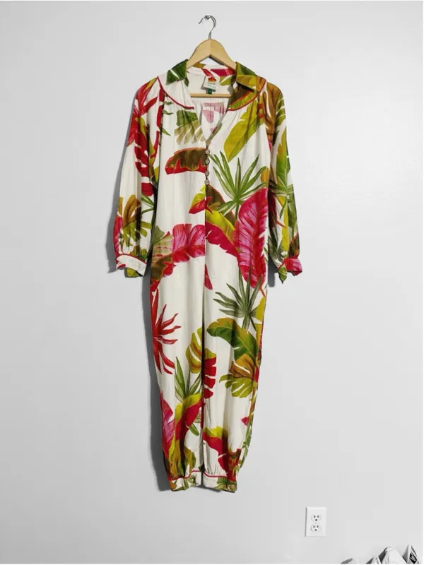 Farm Rio Spring Forest Tropical Vacation Linen Blend Jumpsuit - Image 3