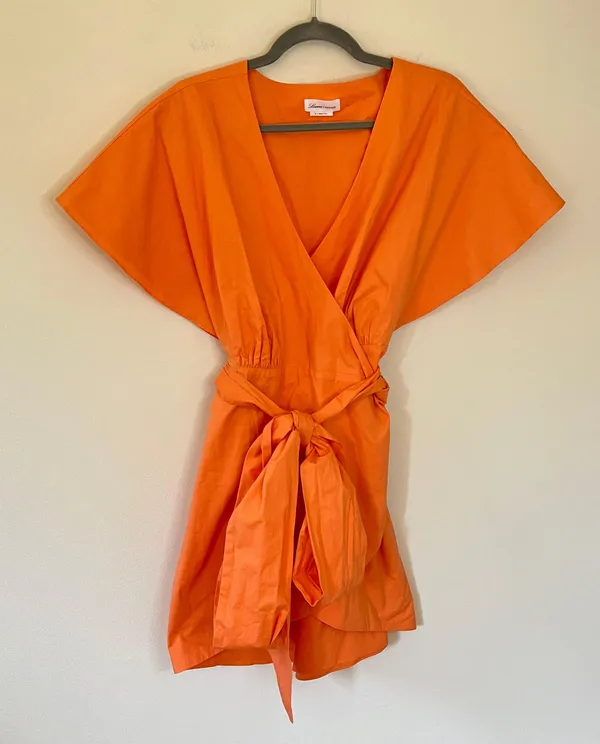 Lovers + Friends Leigh Cotton Poplin Tie Waist Mini Wrap Dress Sherbert Orange - Image 2