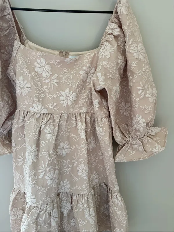 Shop the Mint Tan White Floral Embroidered Puff Sleeve Mini Dress Large - Image 5