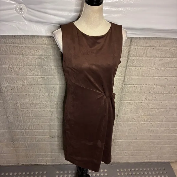 J.McLaughlin Brown Faux Suede Twist Front Sleeveless Sheath Dress Medium - Image 4