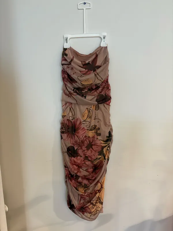 Floral Mesh Strapless Ruched Bodycon Midi Dress - Size XS - Image 3