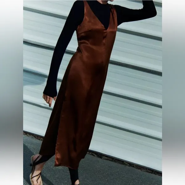 Zara Chocolate/Brown Satin Effect‎ Midi Dress size Small - Image 3