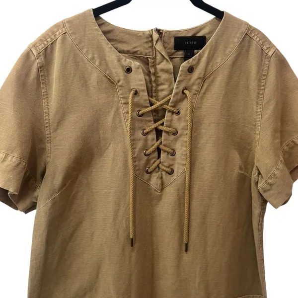 J. Crew‎ Lace up V-Neck Canvas Short Sleeve Khaki Midi Dress Safari Summer 10 - Image 4