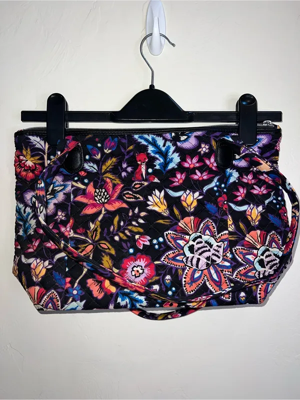 Vera Bradley Black Quilted Tote with Pink, Purple and Blue Floral Print - Image 2