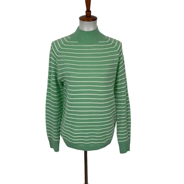 Stitches And Stripes Sweater Small Green White Striped Mockneck Preppy - Image 2