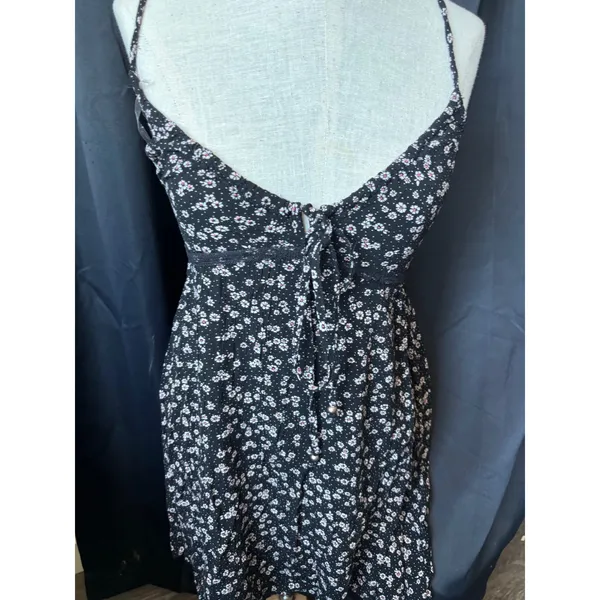 Angie Floral Mini Dress Black Pink Daisy Empire Waist Tie Front‎ Small - Image 3