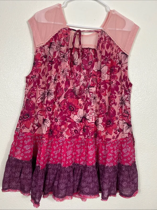 Free People Angelica Printed Tunic Mesh Top Pink Floral Blouse Sleeveless XS/TP - Image 7