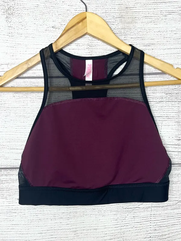 VS PINK Burgundy Crop Top Sports Bra Unlined Racerback Spell Out Logo Size Large - Image 3