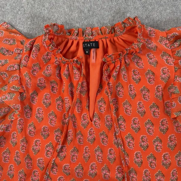 1.STATE Women's Medium Orange Floral Ruffle Flutter Sleeve V-Neck Blouse Top - Image 3