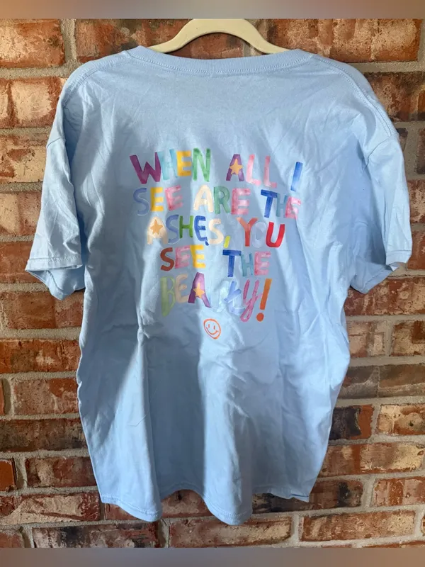 Gildan Light Blue Short-Sleeve Tee with Orange Smiley and Faith Graphic on back - Image 4