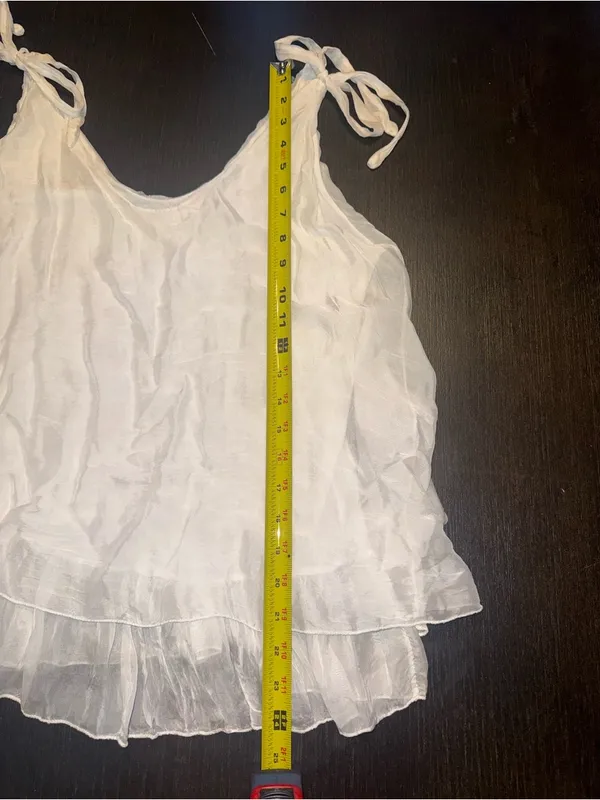 White Flowy Tie Shoulder Tank Sheer Layered Ruffle Hem Silk Blend Cottagecore - Image 5