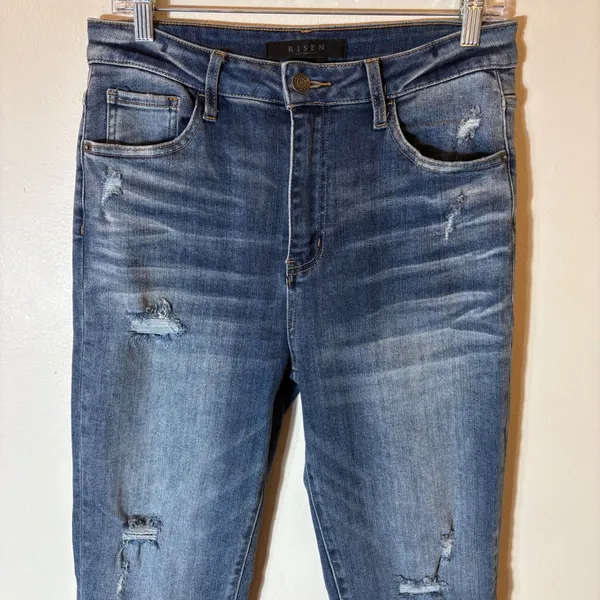 Risen Los Angeles Distressed Straight Leg Jeans Medium‎ Wash Raw Hem Size 29/9 - Image 2