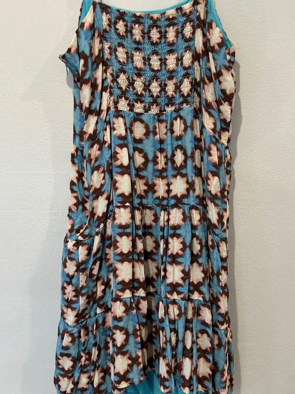 Source Unknown Blue and Brown Patterned Midi Dress Black Size M - Image 5