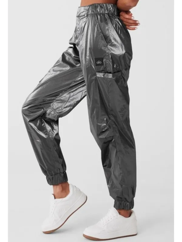 Alo Metallic High-Waist Break Line Joggers Silver Chrome Shiny Hi-Rise Waisted S - Image 4