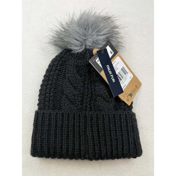 The North Face Oh Mega Fur Pom Lined Beanie Womens OS Black CableKnit Hat - Image 2