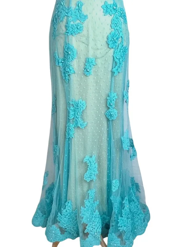 Turquoise Illusion Mermaid Gown Sheer Mesh Floral Lace Appliqués 6 Prom Wedding - Image 5