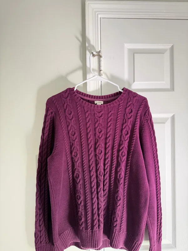 LL Bean Sweater Womens XL Purple 100% Cotton Cable Knit Crewneck Pullover Preppy - Image 2