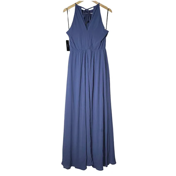 Lulus Be Mellow Denim Blue Maxi Dress Halter Neck Sleeveless 43595 Large NEW - Image 4