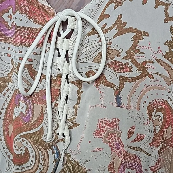 Free People boho paisley chiffon bohemian tie front tan pink dress sz Medium - Image 4