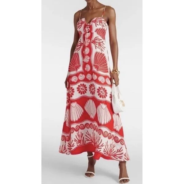 Calypso‎ St Barth Maxi Dress Red White Linen Blend Shells Boho Resort Size XS - Image 2