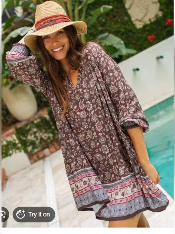 Natural Life Dara Bohemian Floral Tunic Dress in a brown & pink floral print S - Image 2