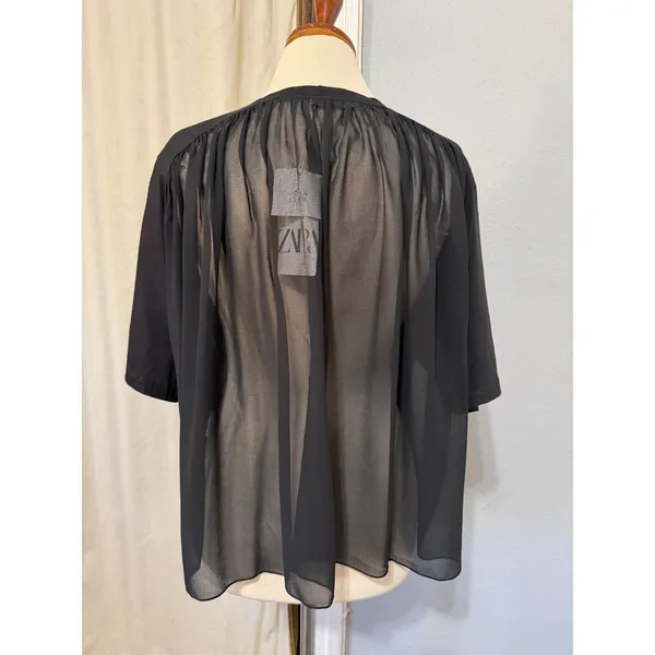 Zara Women Top Large Black Mixed Media Chiffon Sheer Back Short Sleeve Oversized - Image 3