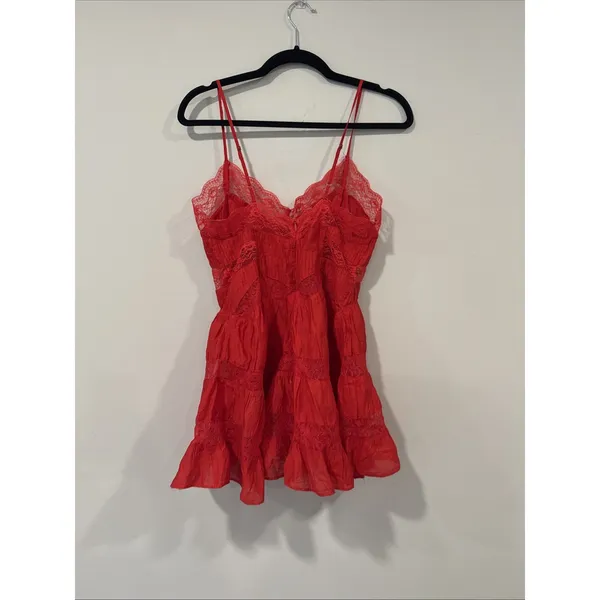 Free People Selia Slip Racing Red V Neck Tiered Lace Straps Size Small 2465 - Image 7