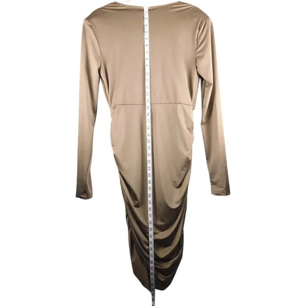 SHEIN BAE Long Sleeve Ruched Deep‎ V Midi Dress – Size L – Tan/Khaki - Image 6