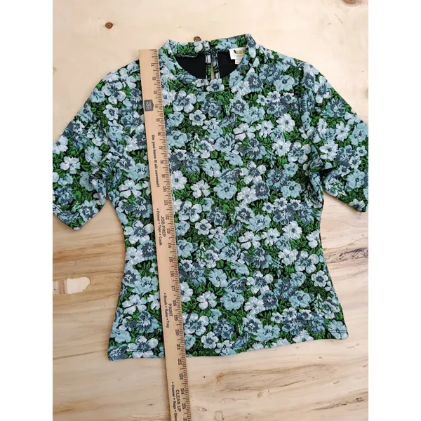 Maeve Anthropologie Floral High Neck Top Blue Green Jacquard Short Sleeve Small - Image 11