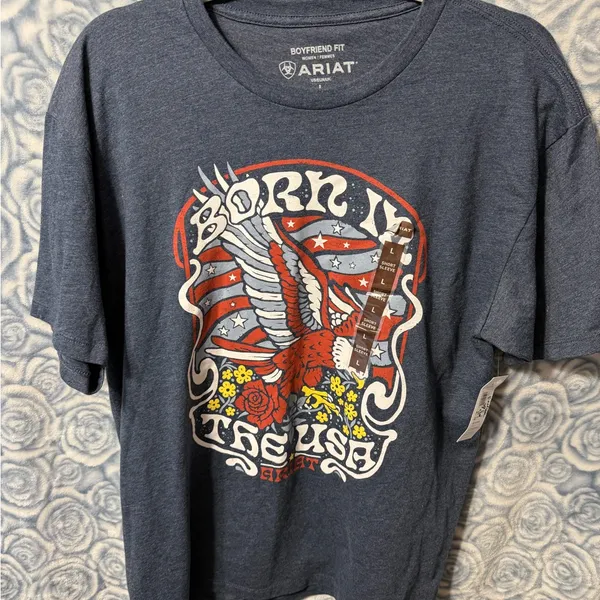 Ariat Woman’s Boyfriend Soft Heathered Blue Born in the USA Eagle Graphic Tee - Image 2
