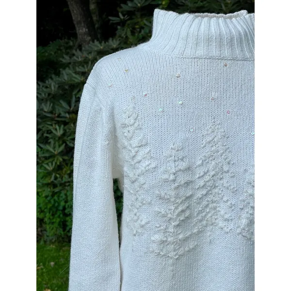 Coldwater Creek Womens XS Winter White Christmas Tree Sweater Holiday Party Cream Beige - Image 2
