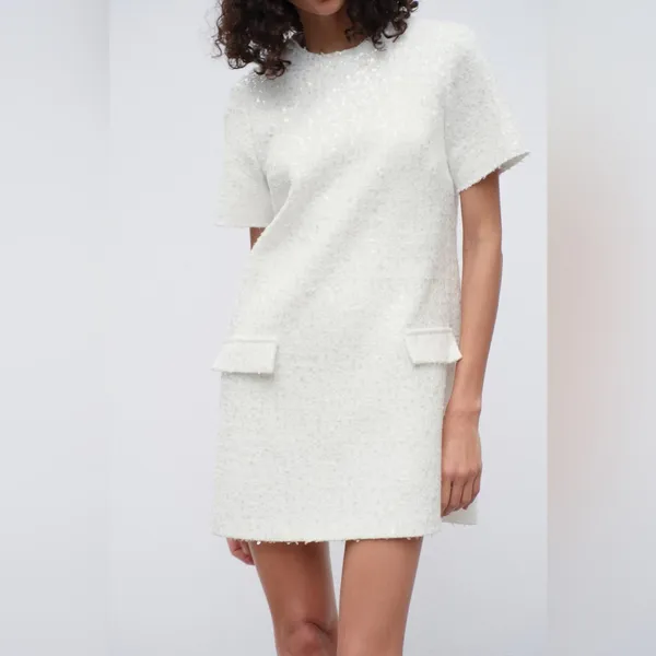 Zara White & Silver Sequin Tweed Short Sleeve Mini Dress - Size XS - Image 6