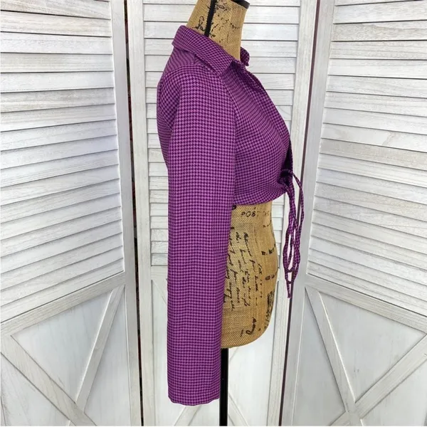 Zara Houndstooth Cropped Polo Top Purple Black‎ Small Long Sleeve Deep V-neck - Image 5