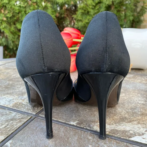Fendi Black Satin & Patent Leather Stiletto Pumps Size 8.5 Luxury - Image 5