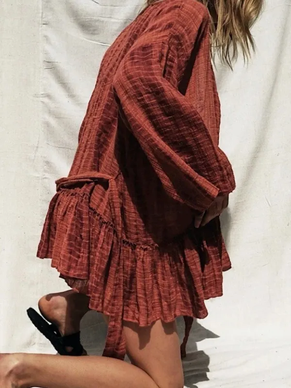 Free People Womens XS/S Tie Dye Kimono Jacket Cotton Gauze Belted Boho Rust - Image 9